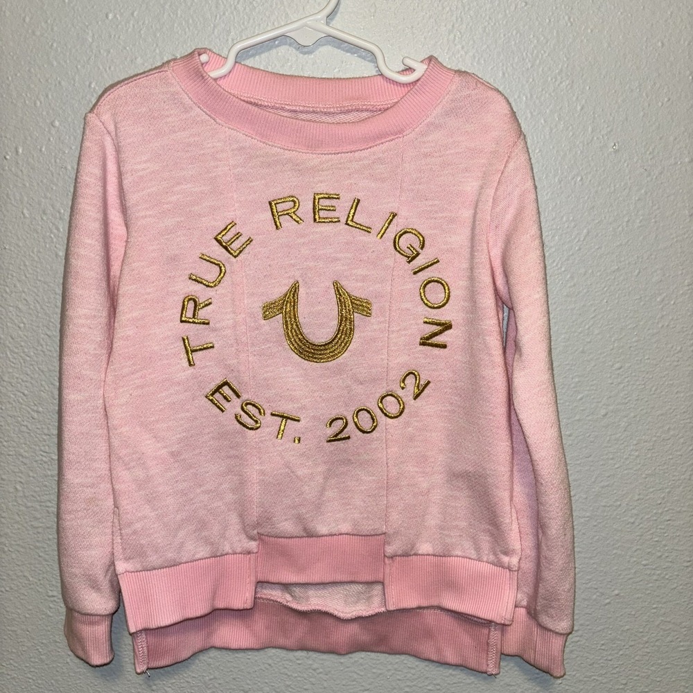 True Religion Princess Pink Cotton Sweater Gold Embroidered Girls Size 5